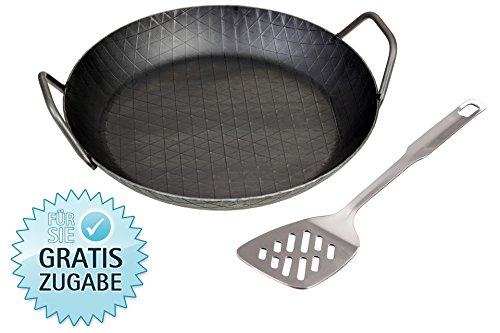 GRÄWE Schmiedeeiserne Servierpfanne Ø 32 cm, hoher Rand, 2 Griffe, geriffelt, inkl. Pfannenwender