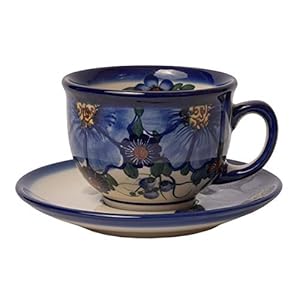 Traditional Polish Pottery, Handcrafted Ceramic Teacup and Saucer 210ml, Boleslawiec Style Pattern, F.101.Passion