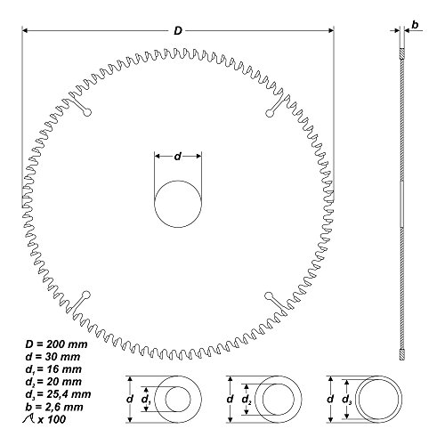 HM Kreissägeblatt Ø 200 x 30 / 25,4 / 20 / 16mm 100 Zähne Sägeblatt für Holz Alu - 4