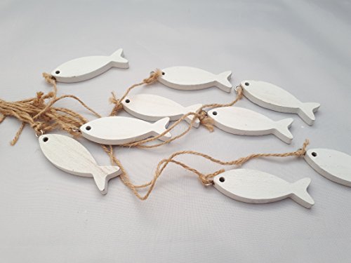 10x Fische Hänger Deko Streudeko weiß Holz Kommunion Konfirmation Taufe Hochzeit Tischdeko Maritim Strand Sommer Sealife
