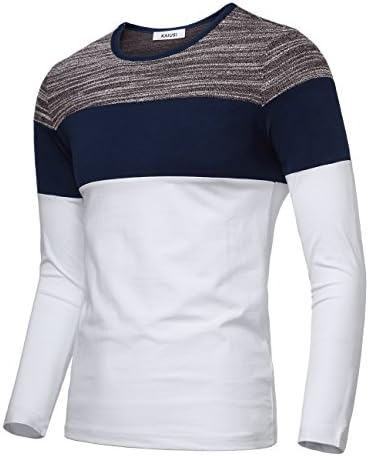KAIUSI Men's Color Block Round Neck Casual Slim Fit Long Sleeve T Shirt Top White Medium