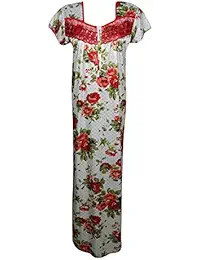 Indiatrendzs Women Satin Nightwear Floral Red White Designer Nighty Lace Net Work On Neck Nightgown (Bust 42)