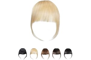 DSOAR Clip In Frange de Vrais Cheveux Humains Frange Cheveux Extensions de Cheveux Frange Plate avec Temples, Couleur Blonde