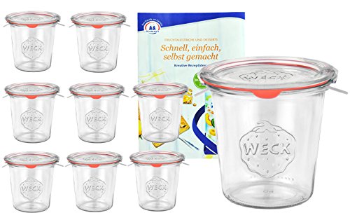 9er Set Weck Gläser 580ml 1/2 Liter Sturzgläser mit 9 Glasdeckeln, 9 Einkochringen und 18 Klammern inkl. Gelierzauber Rezeptheft von Diamantzucker