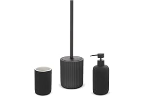 Inbagno Set Accessori Bagno 3 Pezzi in Ceramica Nero cannettato, Dispenser Sapone portaspazzolini e portascopino Soft Touch, Spring