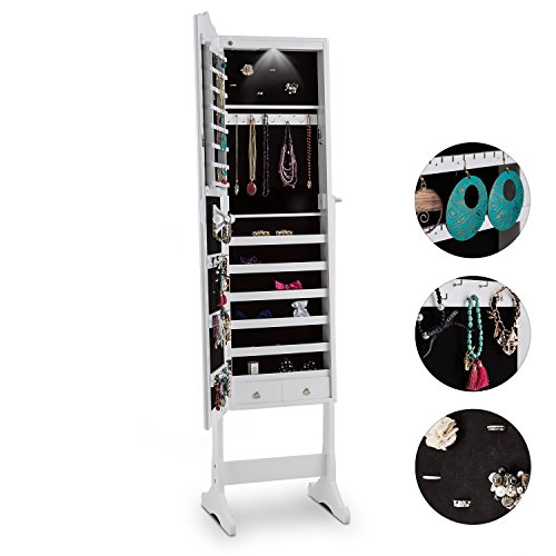 oneConcept Gracia Schmuckschrank Schmuckspiegel Spiegelschrank (batteriebetriebene LED-Beleuchtung, Material: Holz/MDF, Krawattenhalter, Ablagefächer, abschliessbar, schwenkbar, Samtverkleidung) weiss - 2