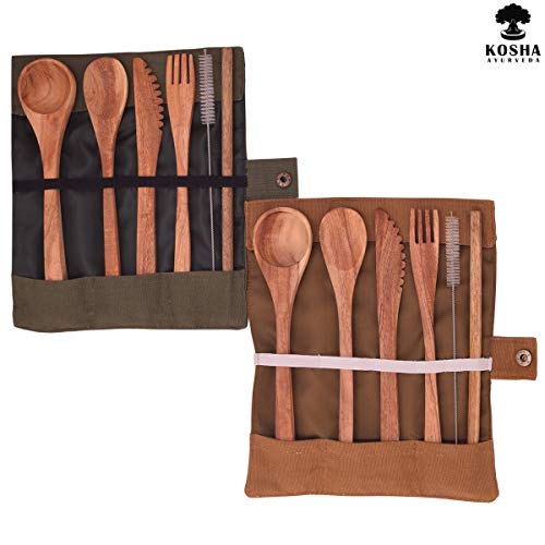 2 Set de cubiertos de madera neem | Set de cubertería ecológica | Set de 6 cubiertos para viajeros - Cuchillo, cuchara sopera, tenedor, cucharilla, cuchillo, pajilla, cepillo para pajilla | 20 cm.