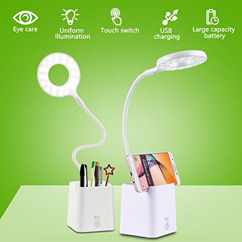 Preisvergleich Produktbild LED Schreibtischlampe, Flexible Dimmbare LED Tischleuchte USB-Wiederaufladbare mit Desktop-Stifthalter und Touchpanel, 360°Verstellbar Leselampe für Kinder, Büro, Haus, Lesen, Weiß[Energieklasse A++]