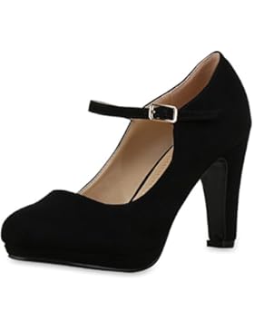 Damen Pumps Mary Janes Spangenpumps High Heels T-Strap Veloursleder-Optik Schuhe Abendschuhe Samt-Optik Lack Jennika