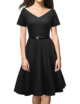 iLover Frauen 1950er V-Ausschnitt Vintage Rockabilly Swing-Abend-Partei-Kleid