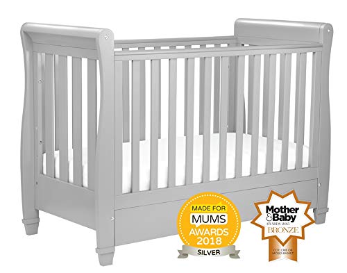 Babymore Eva Sleigh Cot Bed Dropside With Drawer Pebble Grey