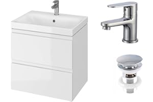 ‎VBCHOME VBChome Badmöbel 60 cm Weiß mit Armatur und Pop-up ventil Waschbecken mit Unterschrank Waschtisch 2-Schubladen Badschrank Hängeschrank Moduo