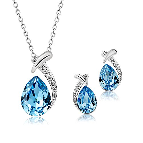 T400 Jewelers Conjuntos de Collar y Pendientes para Mujer Colgante de gota de agua con Cristal de SWAROVSKI Elements Azul,38+5cm