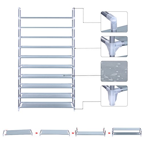 Songmics XXL 10 Ebenen Schuhregal Schuhständer, Stahlrohre (Φ16 mm), stabil Schuhschrank Schuhablage für 60 paar Schuhe grau 100 x 29 x 175 cm LSR10G - 6