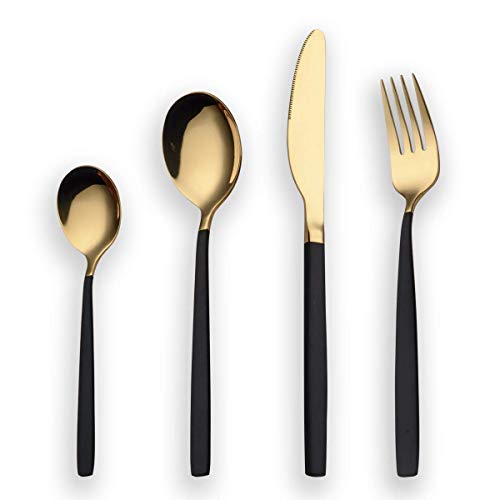 Berglander 24 Stück Titan schwarz Besteck Set, schwarzer Griff mit goldenen Mund Besteck Set, schwarz und golden Besteck Service für 6 (schwarz, Golden)