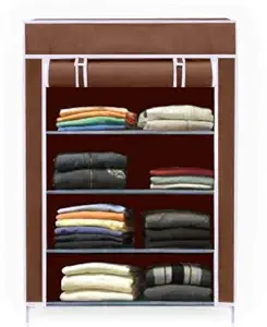 RAXON WORLD - Collapsible Wardrobe/cloth stand/storage organizer for clothes for kids and women/utility organizer racks and shelves with door cover/bedroom organiser/4-Layer (Brown)