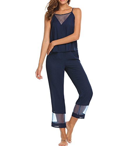 Ekouaer Femme Pyjama Camisole Débardeur Pantalon Sleepwear Bleu Marine L