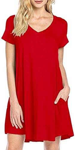 Annci Women's short Sleeve Casual Loose T-Shirt Dress (L, Red)