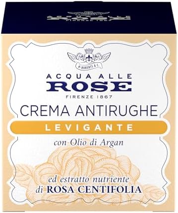Acqua alle Rose, Crema Viso Antirughe Leviganteper Pelli Normali, Azione Antirughe, Nutriente e Rassodante, con Rosa Centifolia e Olio di Argan, 50 ml