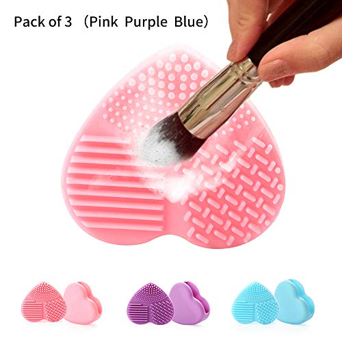 Bromose silicona Cepillo del maquillaje maquillaje cepillo de limpieza limpiador de alfombra lavado limpieza Pad Mat Portable herramienta cepillo de cosméticos scrubber, Pack de 3 (rosa, morado, azul)