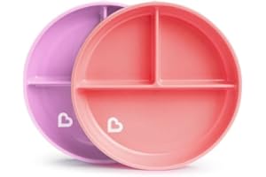 Munchkin Stay Put Divided Plates| Kids Divided Plate Set| Baby & Toddler Plate with Compartments|Suction Plate for Babies 6 Months & Over| BPA Free Plate| Baby Weaning Plate| 2 Pack| Pink/Purple