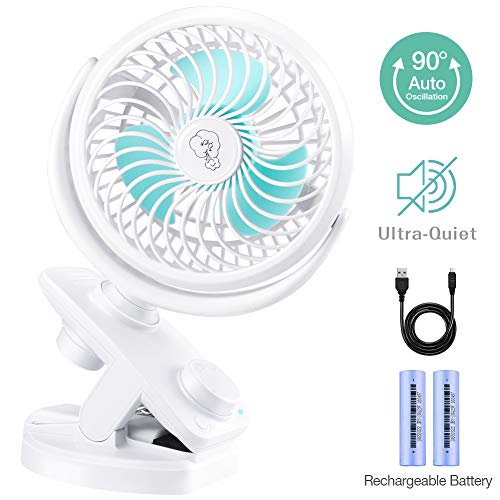 IREENUO Ventilateur à Pince de Bureau à Vitesse constante Ventilateur à Oscillation Automatique Portable USB chargé pour bébé Poussette de Bureau à Chambre à Coucher (Blanc)