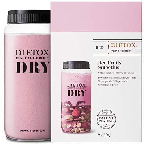 Dietox Dry Smoothies | Batidos de Proteínas Veganos Sustitutivos de comidas sabor Red fruits 9 x 60gr