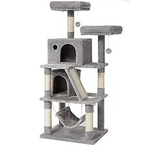 FEANDREA Cat Tree, Cat Tower with 2 Cat Caves, Hammock, 61 Inches, Cat Activity Center with Scratching Posts and Board, Light Gray UPCT163W01