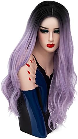 Priomix Black Roots Ombre 70CM Long Curly Wavy Synthetic Christmas Anime Cosplay Daily Costumes Wigs for Women +Free Wig Cap (Ombre Light Purple)