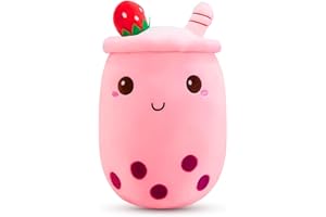 Foreverup Bubble Tea Plush Pillow, Cute Cartoon Boba Milk Tea Soft Plush Doll with Strawberries, Boba Plush Soft Pillow Stuffed Toy, Bubble Milk Tea Cup Plushie, Childrens Toy Birthday Gift