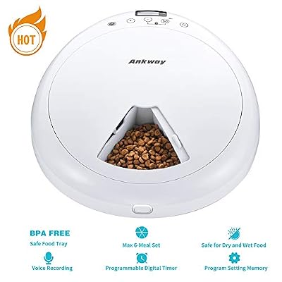 Ankway 6 Repas Distributeur de Nourriture et Croquettes Automatique pour Petits Animaux Chiens et Chats avec Alarme minuteur programmable et Musique, Contrôle des portions et Enregistrement Vocal