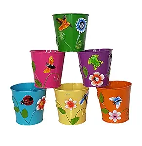 Wonderland Set of 6 : Beautiful Metal pots/containers, Planter, planters, Pot, Flower Pot (No Hole Below) for Garden Decoration, Balcony Decor & Home Decoration
