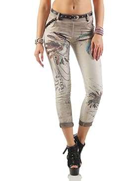 ZARMEXX Damen Boyfriend Baggy Hose mit Gürtel Jeanshose Stoffhose Jeggings Leggings Chinohose Feder-Printmit Feder-Print...