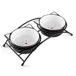 Y YHY Ceramic Raised Cat Bowls, 12 Ounces Cat Food or Water Bowls, Double Cat Dishes with Metal Stand, Cute Cat Ear Design, Gift for Cat