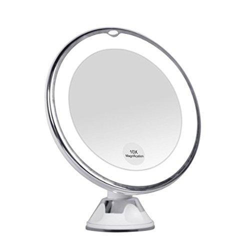 KEDSUM 10x Magnifying LED Lighted Travel Makeup Mirror, Bathroom Vanity Mirror with Strong Suction Cup, Daylight Color Illuminated Cosmetic Mirror,360 Degrees Rotates,Battery Operated