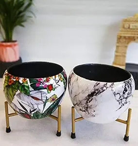 Exotic Green Floral & Abstract White Combo Designer Pot with Stand for Indoor Plants | Beautiful Metal Planters for Living Room and Balcony | Modern Design Table Top Flower Plant Pots I (2 Pcs Combo)