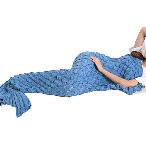 Preisvergleich Produktbild Korallenblau Meerjungfrau flosse Decke, Handgemachte häkeln Fischschwanz Waage kuscheldecke für Erwachsene Mädchen Damen Jahreszeiten Schlafsack Kostüm (71-75x35In) (Blau)