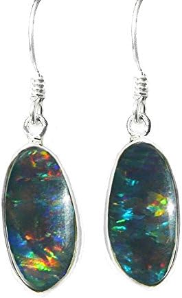 925 Sterling Silver Australian Opal Triplet Blue Green Red Tear Drop Fishhook Earrings - October Birthstone - Fantastic Australian Opal