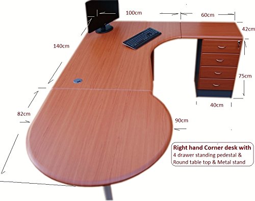 Office corner desk Right hand with 4 drawer pedestal & Round Computer desk top - (Cherry / dark grey)