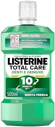 LISTERINE Total Care Denti e Gengive Gusto Delicato, Collutorio 0% alcol al gusto di Menta Fresca, Collutorio al Fluoro con 10 benefici in 1 per una protezione completa e gengive più sane, 500 ml