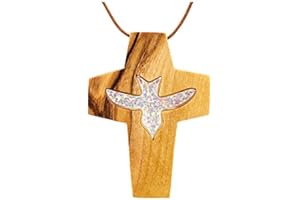 MaMeMi Colgante de cruz de madera de olivo con paloma dorado