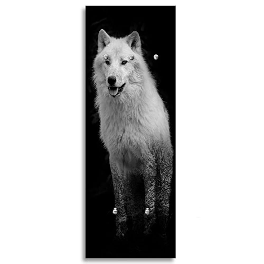 Feeby, Deco Panel Aufhänger, Kleiderhaken, Wandgarderobe, Garderobe, Wandecor Bilder mit hänger, 5 haken, WOLF, TIER, SCHWARZ-WEIß