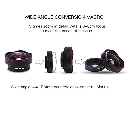 2 in 1 Phone lens Handy Objektiv Set - Clip On handy Kamera Adapter (0.6x 130Â° Weitwinkelobjektiv, 15X Makroobjektiv ) for iPhone Samsung Galaxy HTC LG Sony IOS & Android Smartphones usw (2 in 1 Schwarz)