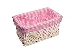 WoodLuv Small Wicker Storage Basket with Pink Gingham Lining, White