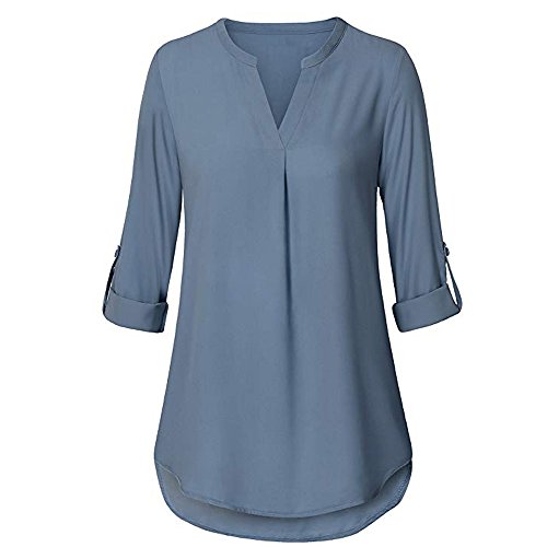 Manga Larga para Mujer Roll-Up Tops Botón Informal con Cuello en V Camisa en Capas Blusas ?? Manadlian (Cielo azulC, L)