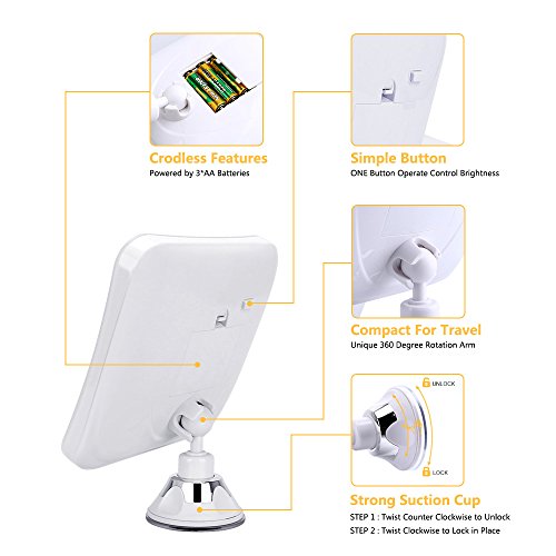 KEUDSM Make-up Spiegel 8 x Lupe LED-beleuchteten Compact Spiegel mit Saugfuß, Tageslicht Vanity beleuchtet Kosmetikspiegel Spiegel, 360 ° drehbar, batteriebetrieben, quadratisch, 8X - 4