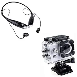 Squaircle 1080 Action Camera, Dual 2 Inch LCD Screen 16 MP Image Sensor with HBS 730 Wireless Neckband Bluetooth Earphone Headset Earbud Portable Headphone