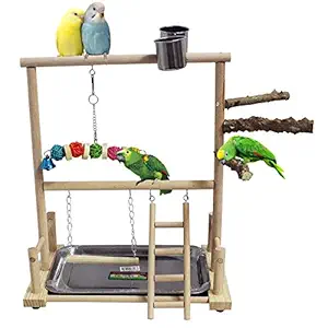 kathson Bird Playground Parrot Playstand Wood Perch Stand Toys Ladder Swing Feeder Cups Chew Toy for Parakeet Conure Cockatiel Budgie Lovebird Finch Small Birds