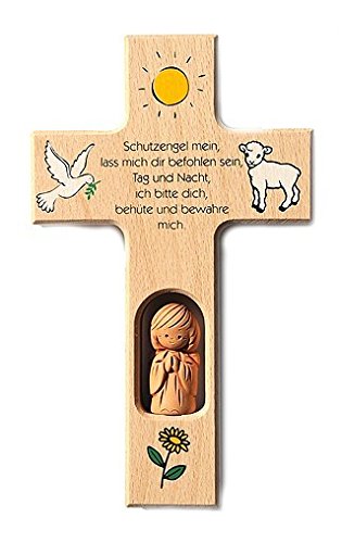 Kinderkreuz aus Holz, mit Tonengel, 'Schutzengel mein, ......'