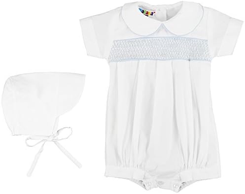Mafana Kids Boys Cotton Romper and Bonnet Set With Smocked and Embroidered Panel To Front Of Romper (0-3 Months, White With Plain Smocking)